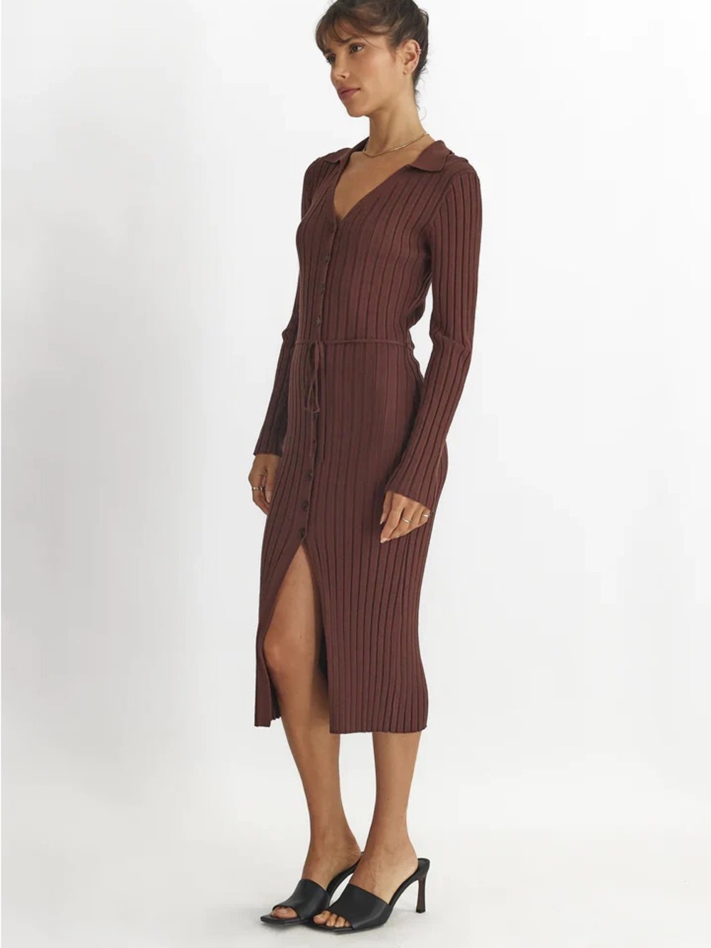 Long Sleeve Ribbed Button-Front Dress in Brown - all row S